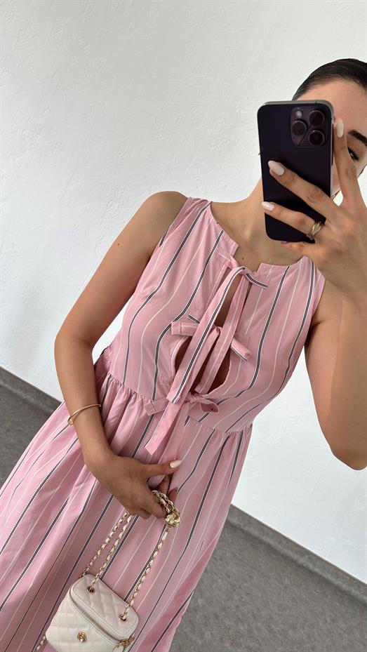 Bağlamalı Şeritli Pembe Elbise