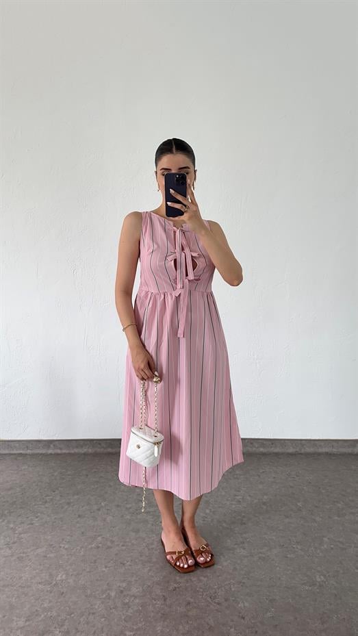 Bağlamalı Şeritli Pembe Elbise