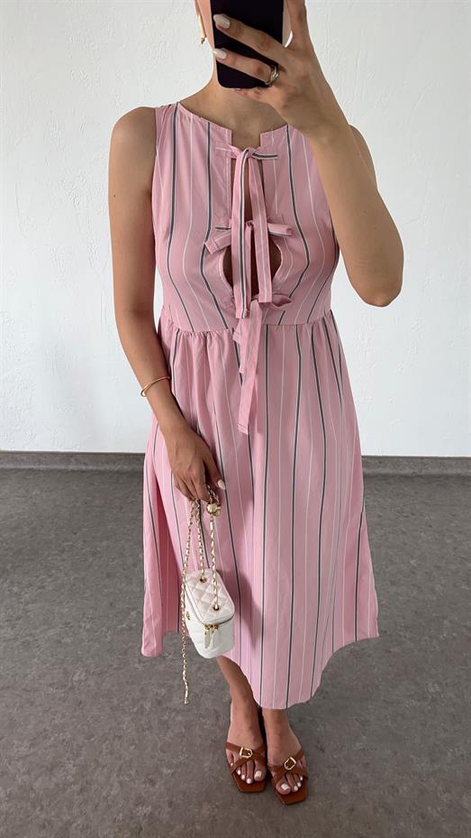 Bağlamalı Şeritli Pembe Elbise