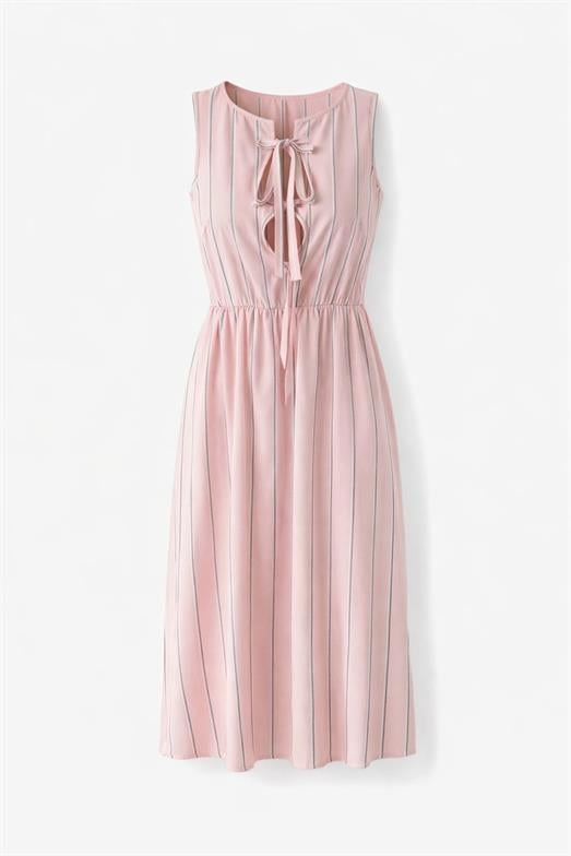 Bağlamalı Şeritli Pembe Elbise