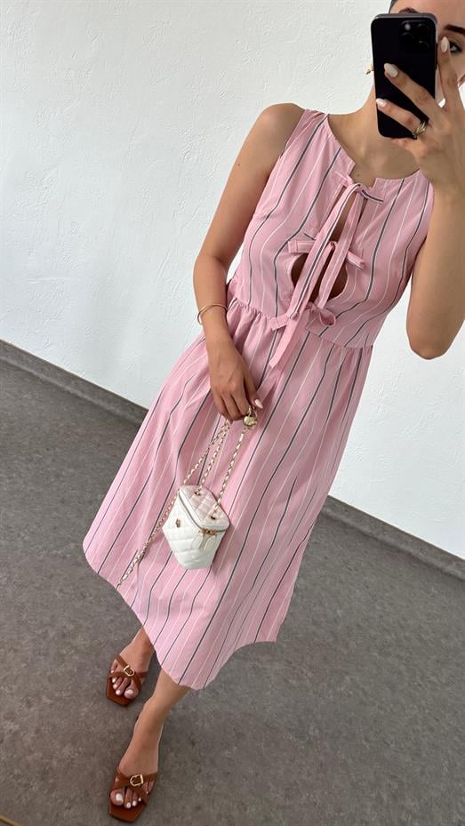 Bağlamalı Şeritli Pembe Elbise