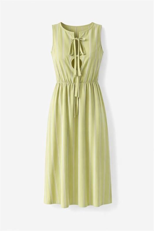 Bağlamalı Şeritli Yağ Yeşili Elbise