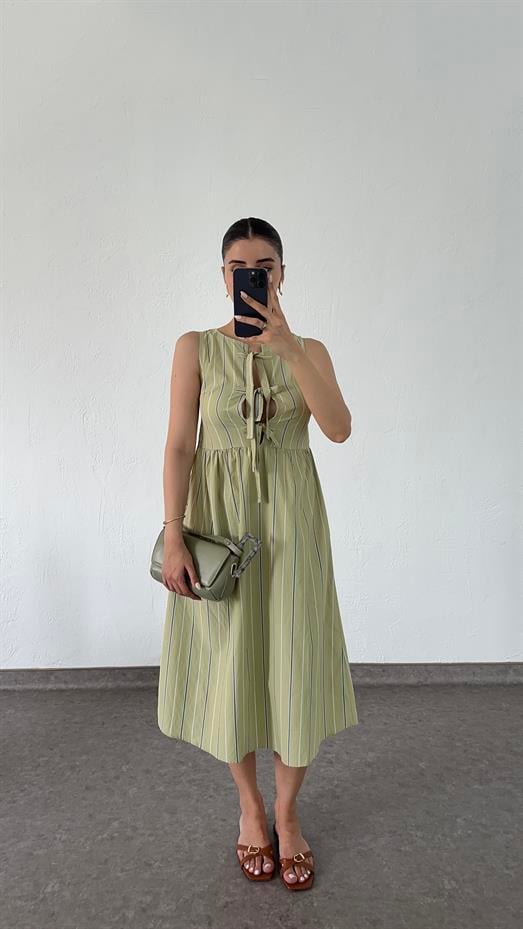 Bağlamalı Şeritli Yağ Yeşili Elbise
