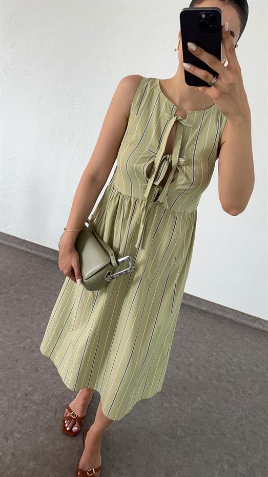 Bağlamalı Şeritli Yağ Yeşili Elbise