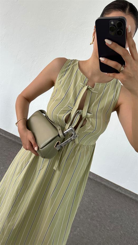 Bağlamalı Şeritli Yağ Yeşili Elbise