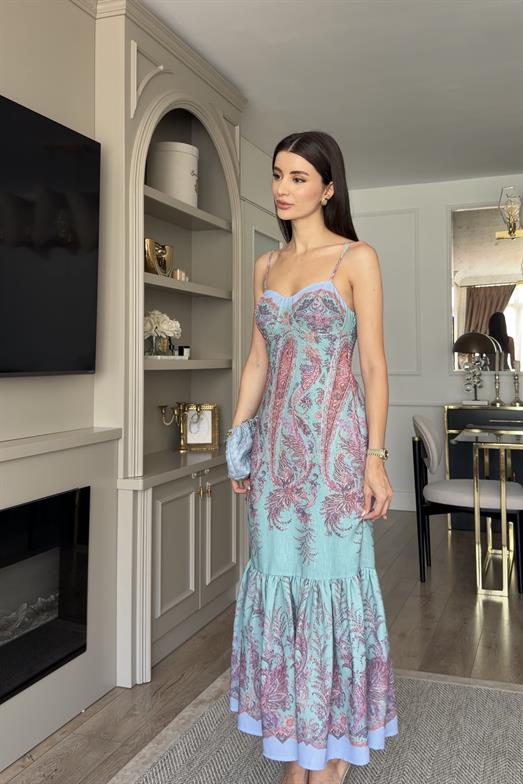 Balık Model Askılı Tiffany Blue Keten Elbise