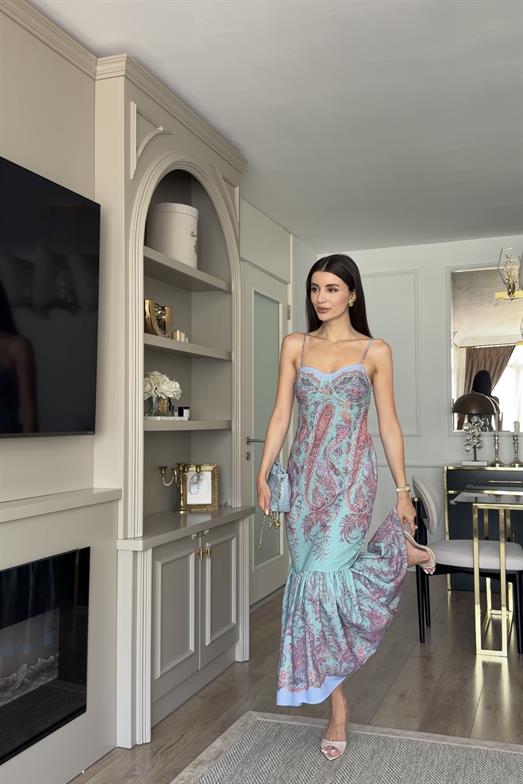 Balık Model Askılı Tiffany Blue Keten Elbise