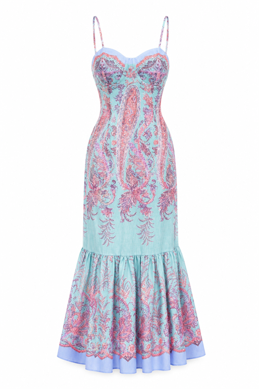 Balık Model Askılı Tiffany Blue Keten Elbise