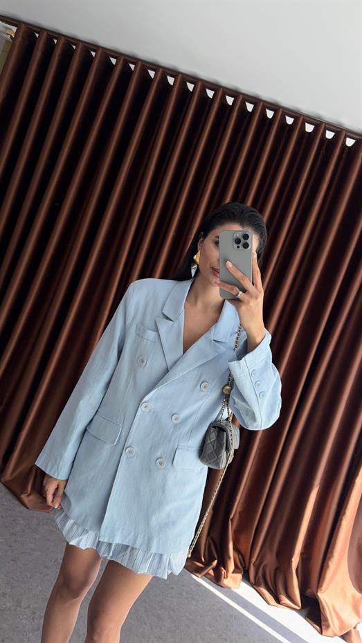 Bebe Mavisi Düğmeli Oversize Ceket