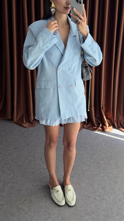 Bebe Mavisi Düğmeli Oversize Ceket