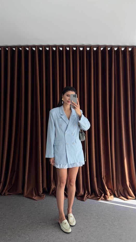 Bebe Mavisi Düğmeli Oversize Ceket