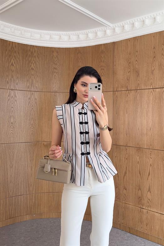Bej Çizgili Napolyon Bluz