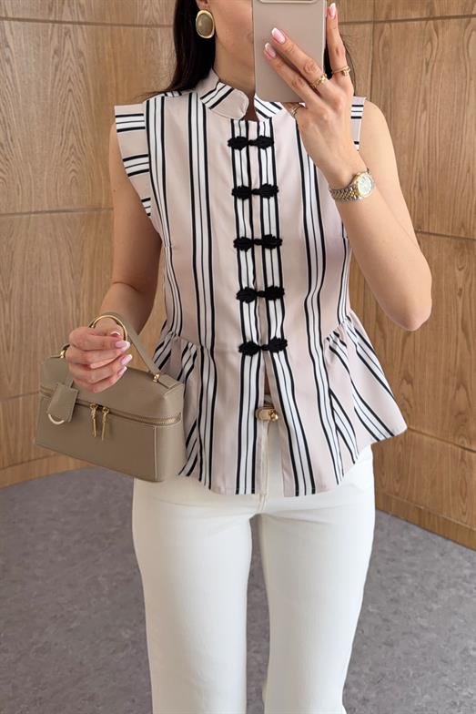 Bej Çizgili Napolyon Bluz