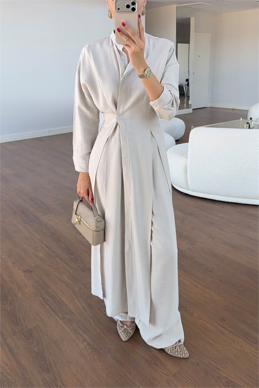 Bej Hakim Yaka Düğmeli Tunik- Pantolon İkili Takım 