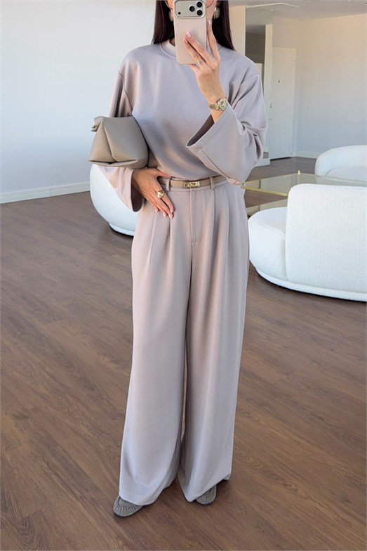 Bej Salaş Kesim Pileli Pantolon-Sweat Takım