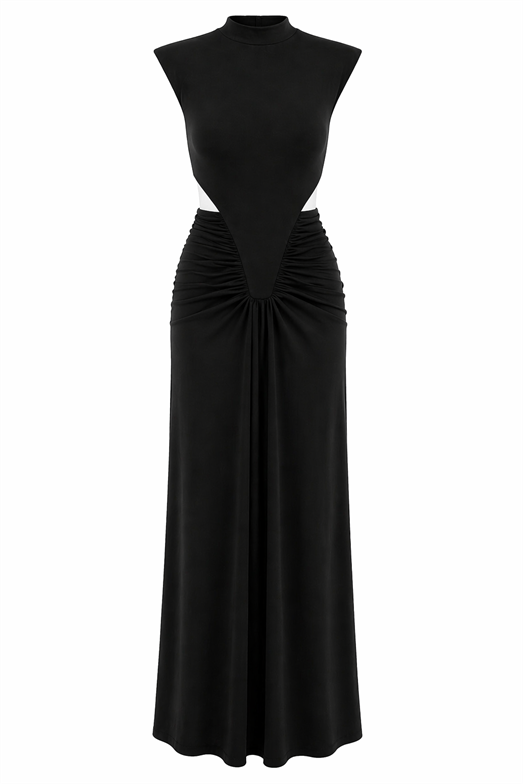 Bel Dekolteli Likralı Siyah Maxi Elbise