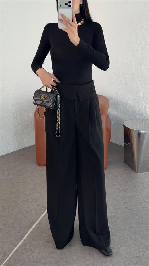 Bel Detaylı Siyah Palazzo
