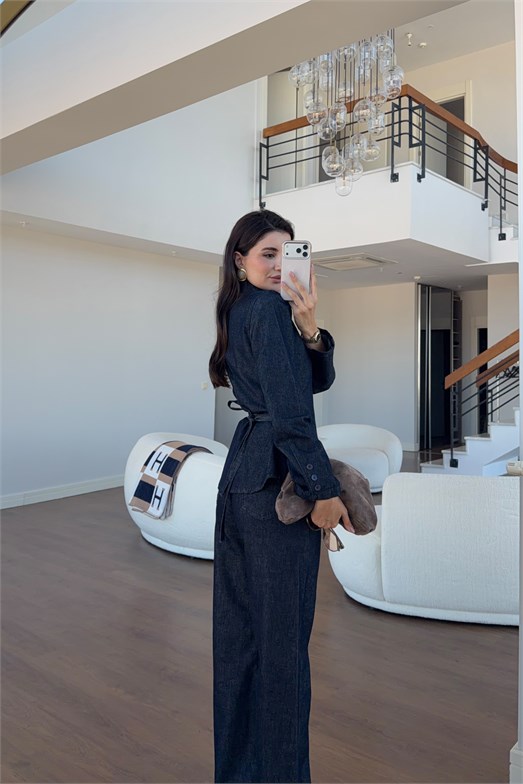 Belden Bağlamalı Koyu Denim Takım