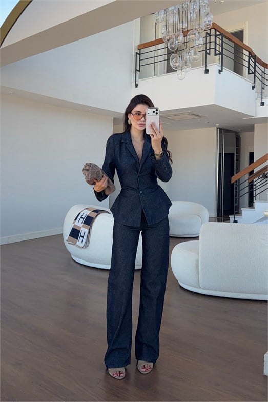 Belden Bağlamalı Koyu Denim Takım