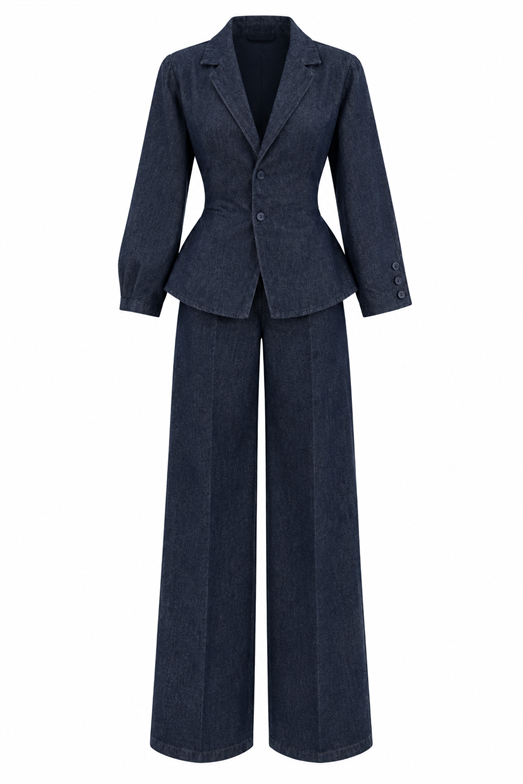 Belden Bağlamalı Koyu Denim Takım