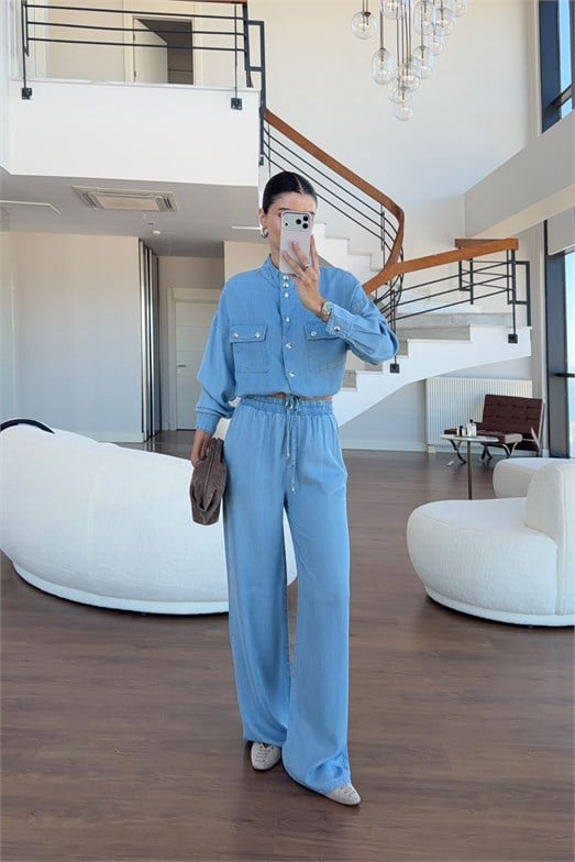 Beli Lastikli Pantolon-Gümüş Düğmeli Cepli Ceket Takım