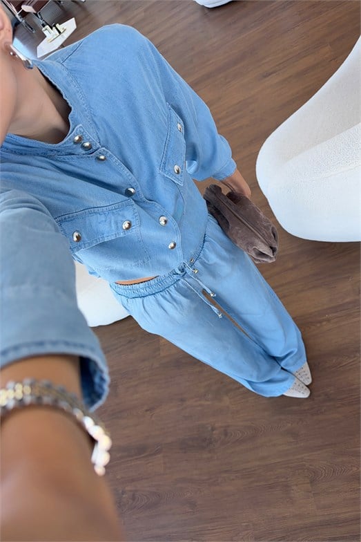 Beli Lastikli Pantolon-Gümüş Düğmeli Cepli Ceket Takım