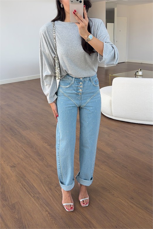 Beş Düğmeli Taşlı Mavi Jean