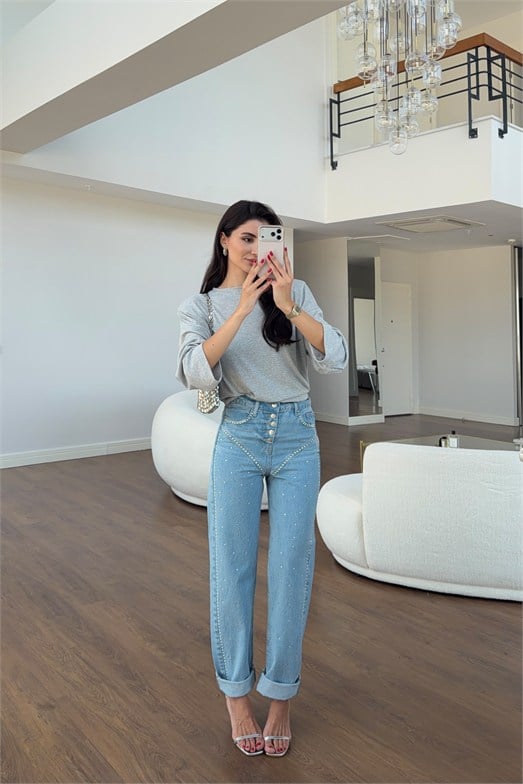 Beş Düğmeli Taşlı Mavi Jean