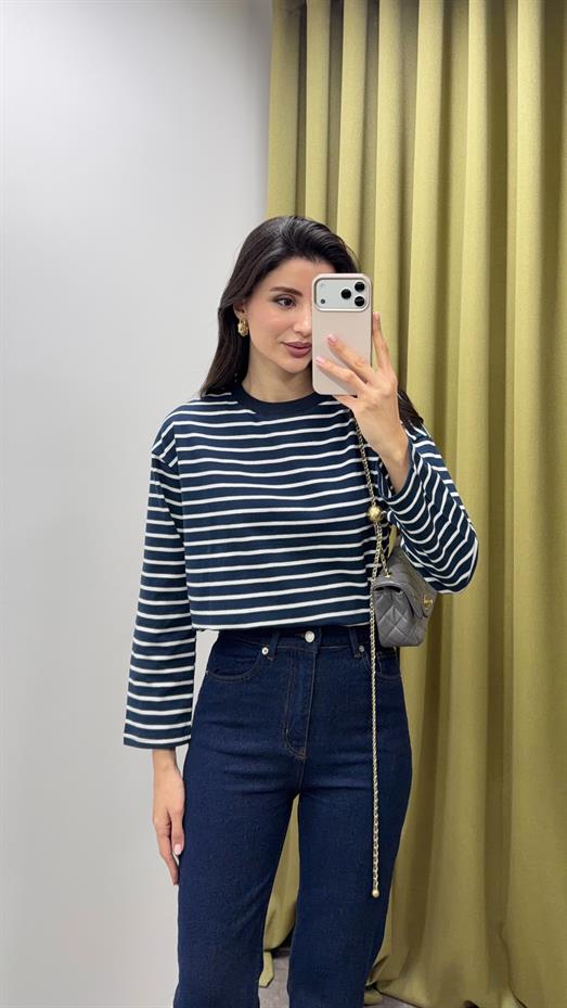 Beyaz Çizgili Likralı Uzun Kollu Basic