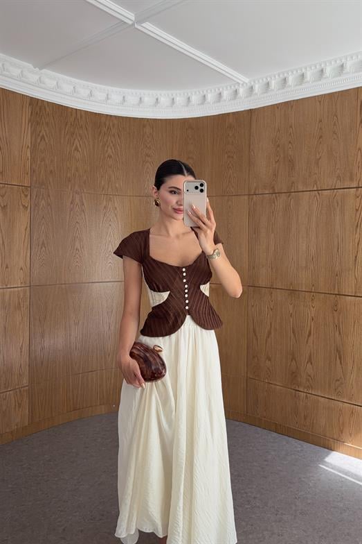 Beyaz Düğmeli Kahve Korse