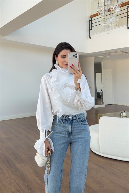 Beyaz Fırfırlı Tasarım Poplin Gömlek Bluz