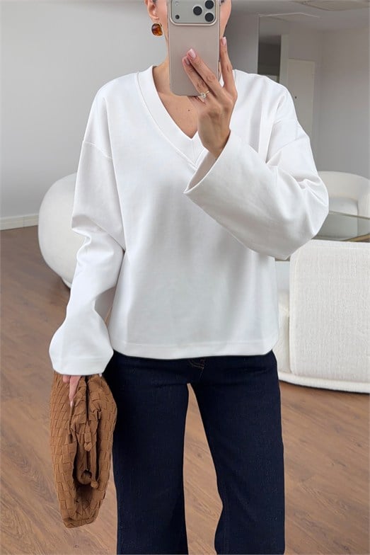 Beyaz V Yaka Basic Sweat