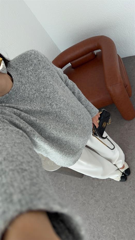 Bisiklet Yaka Kırçıllı Gri Kazak