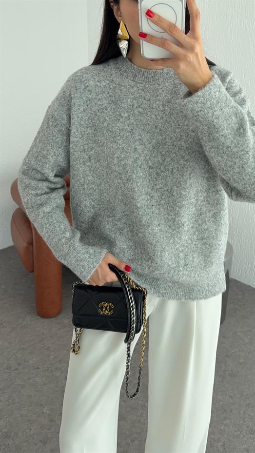 Bisiklet Yaka Kırçıllı Gri Kazak