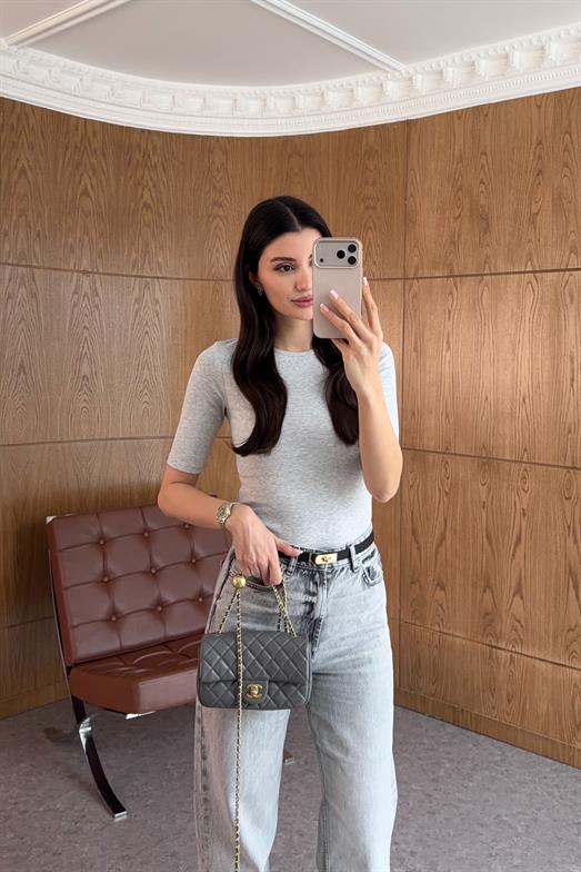 Bisiklet Yaka Yarım Kol Gri Badi