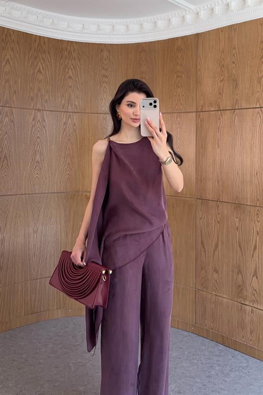 Boncuk Detaylı Yıkamalı Mürdüm İkili Takım