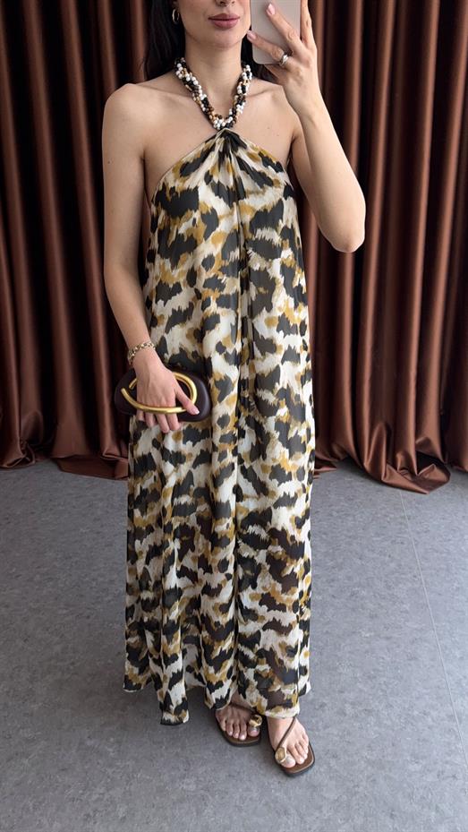 Boncuk Yakalı Leopar Elbise