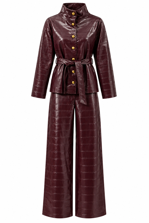 Bordo Croco Gold Düğmeli Deri Ceket-Pantolon İkili Takım