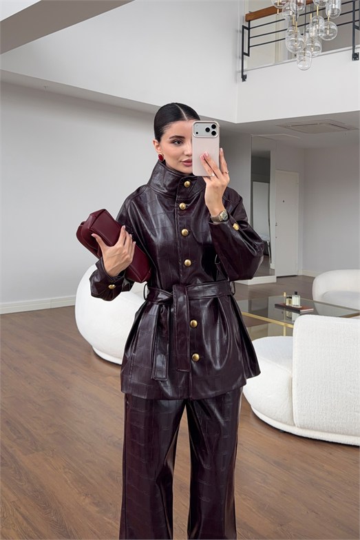 Bordo Croco Gold Düğmeli Deri Ceket-Pantolon İkili Takım