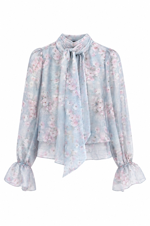 Boyun Bağlamalı Floral Mavi Bluz