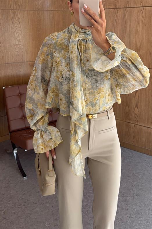 Boyun Bağlamalı Floral Sarı Bluz