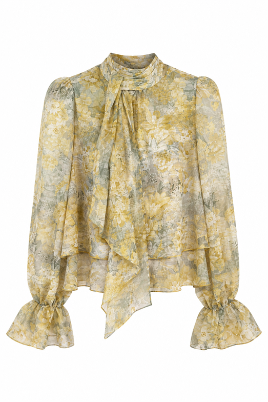 Boyun Bağlamalı Floral Sarı Bluz