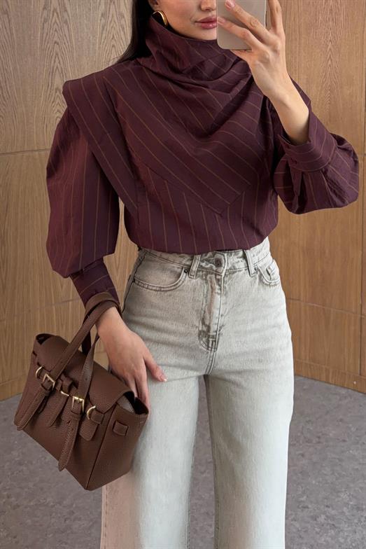 Boyun Detaylı Bordo Gömlek