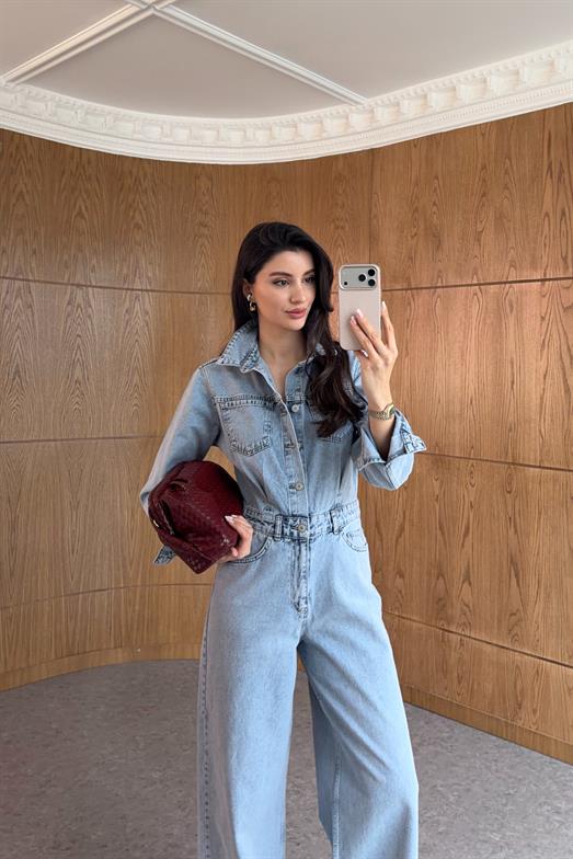 Buz Mavi Denim Tulum