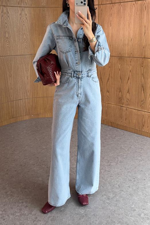 Buz Mavi Denim Tulum