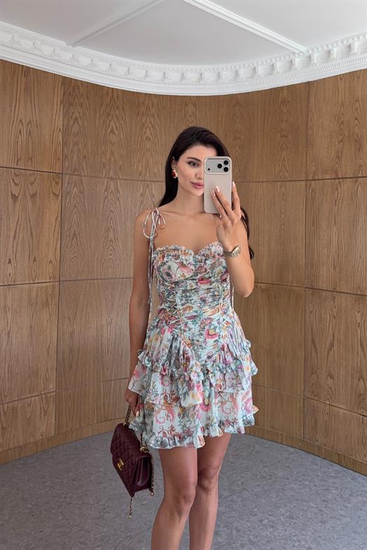 Büzgülü Bağlanabilir Askılı Renkli Mini Elbise