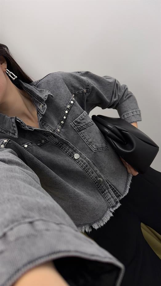 Çakmalı Antrasit Crop Ceket