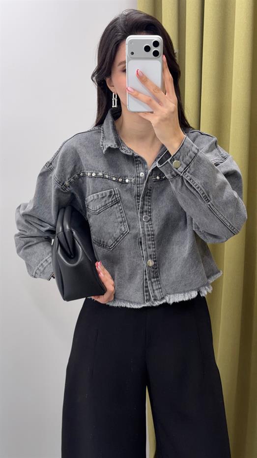 Çakmalı Antrasit Crop Ceket