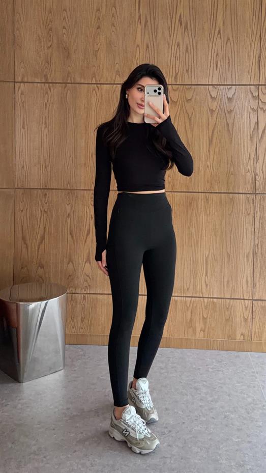 Cep Fermuarlı Siyah Termal Tayt