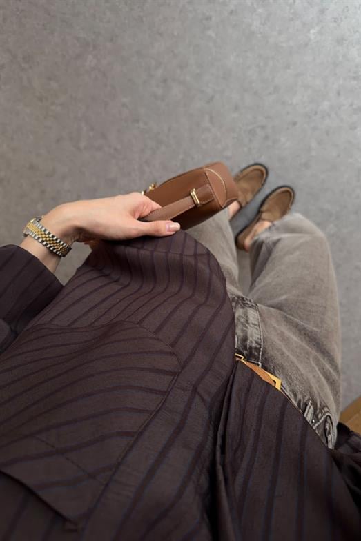 Cepli Oversize Çizgili Kahve Gömlek